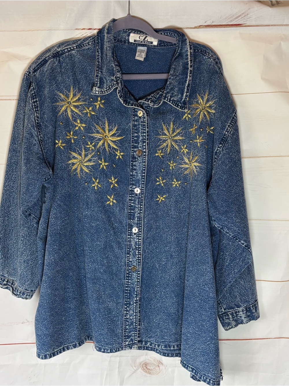CZ Embroidered Starburst Denim Button-Up Jacket - Blue with Gold